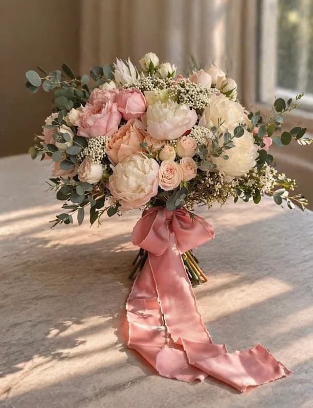 Buchet de mireasă cu bujori roz, trandafiri, eucalipt și gypsophila, legat cu o panglică de mătase roz