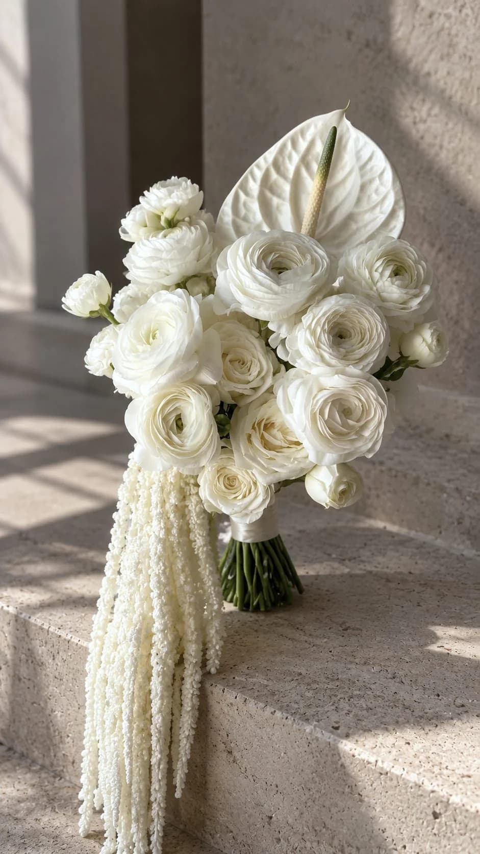 Buchet de mireasă alb cu ranunculus, anthurium alb și amaranthus alb curgător, sprijinit de o treaptă de piatră