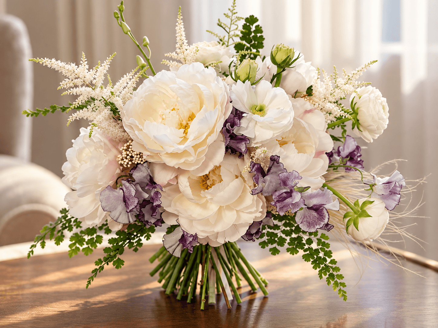 Buchet de mireasă — Buchet de mireasă alb cu accente mov